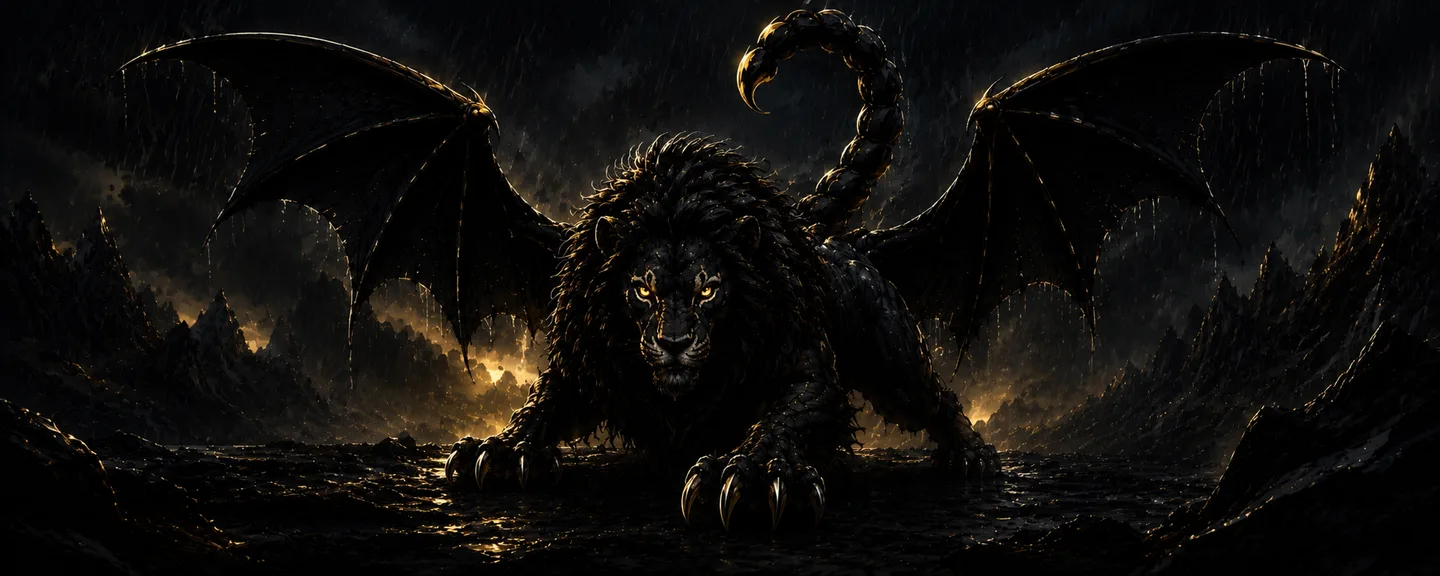 The Manticore: a winged lion with a scorpion tail, crouched over black water under rain, its eyes burning gold.